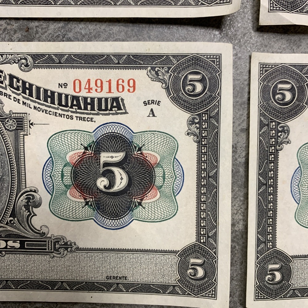 Mexico 5 Pesos, Serie A, 1913 UNC AU Banknote, lot of 4 - Picture 8 of 14